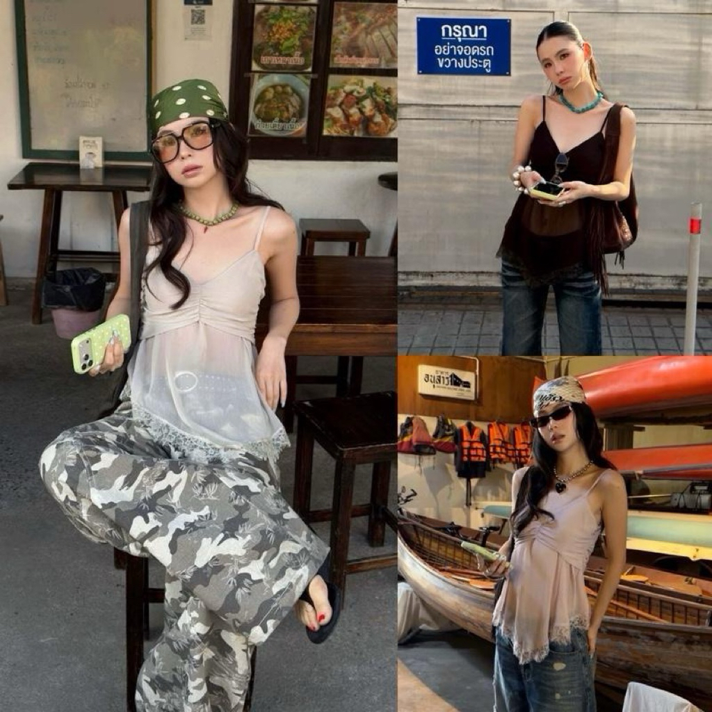 G1023-เสื้อสายเดี่ยวซีทรู ทรงปล่อยขอบลูกไม้ glamorg