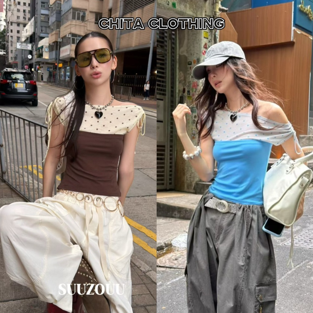 📍พร้อมส่ง📍SU269 26T🇰🇷เสื้อปาดไหล่ ท่อนบนแต่งลายจุด แต่งเป็น้าสองสี ช่วงไหล่มีเชือกมัดโบว์ Tag MMfish🇰🇷