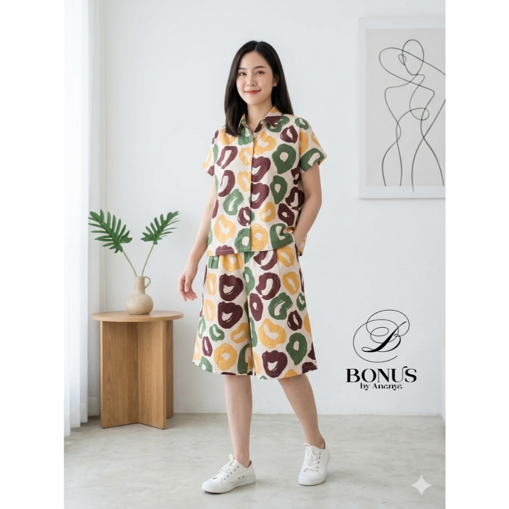 ชุดเซ็ตเสื้อปกเชิ้ต ชายตรงผ่าข้าง ผ้าคอตตอลญี่ปุ่น ป้ายBonus by Ananya 2742569