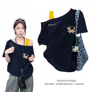 เสื้อยืดแขนสั้นผู้หญิง ไหล่เฉียง ลายหมีพิมพ์ผ้า ตัวหลวมสวย ไม่หดไม่ซีด ใส่สบาย