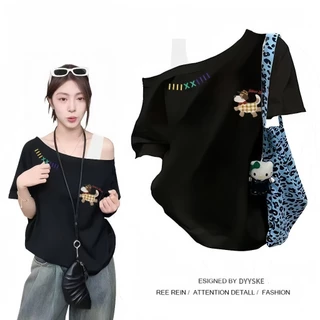 เสื้อยืดแขนสั้นผู้หญิง ไหล่เฉียง ลายหมีพิมพ์ผ้า ตัวหลวมสวย ไม่หดไม่ซีด ใส่สบาย