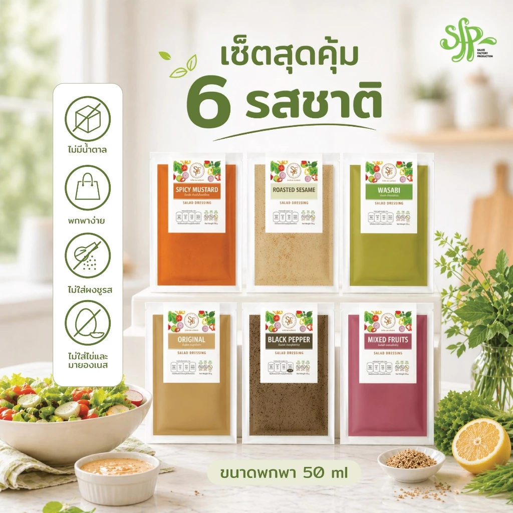 Set 6 ซอง น้ำสลัดคลีน SFP 6 รส 6 ซอง อร่อยไม่ซ้ำ ขนาด 50 มล. ใช้น้ำมันคาโน100% ไม่มีคอเลสเตอรอล