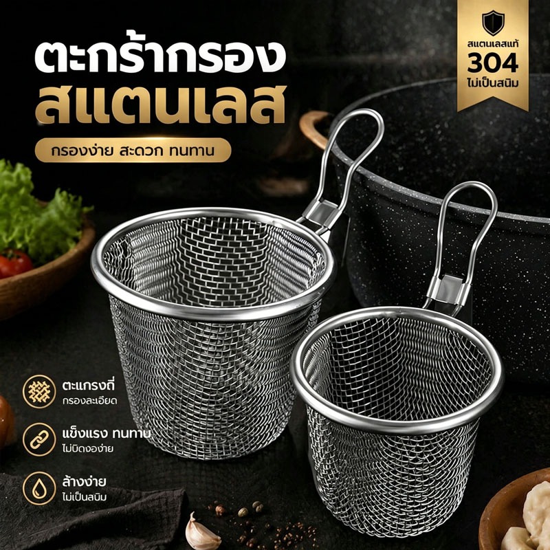 ตะกร้ากรองสแตนเลส 304 ตะแกรงละเอียด แข็งแรงทนทาน ล้างง่าย ไม่เป็นสนิม กรองได้ละเอียด 2 ขนาด