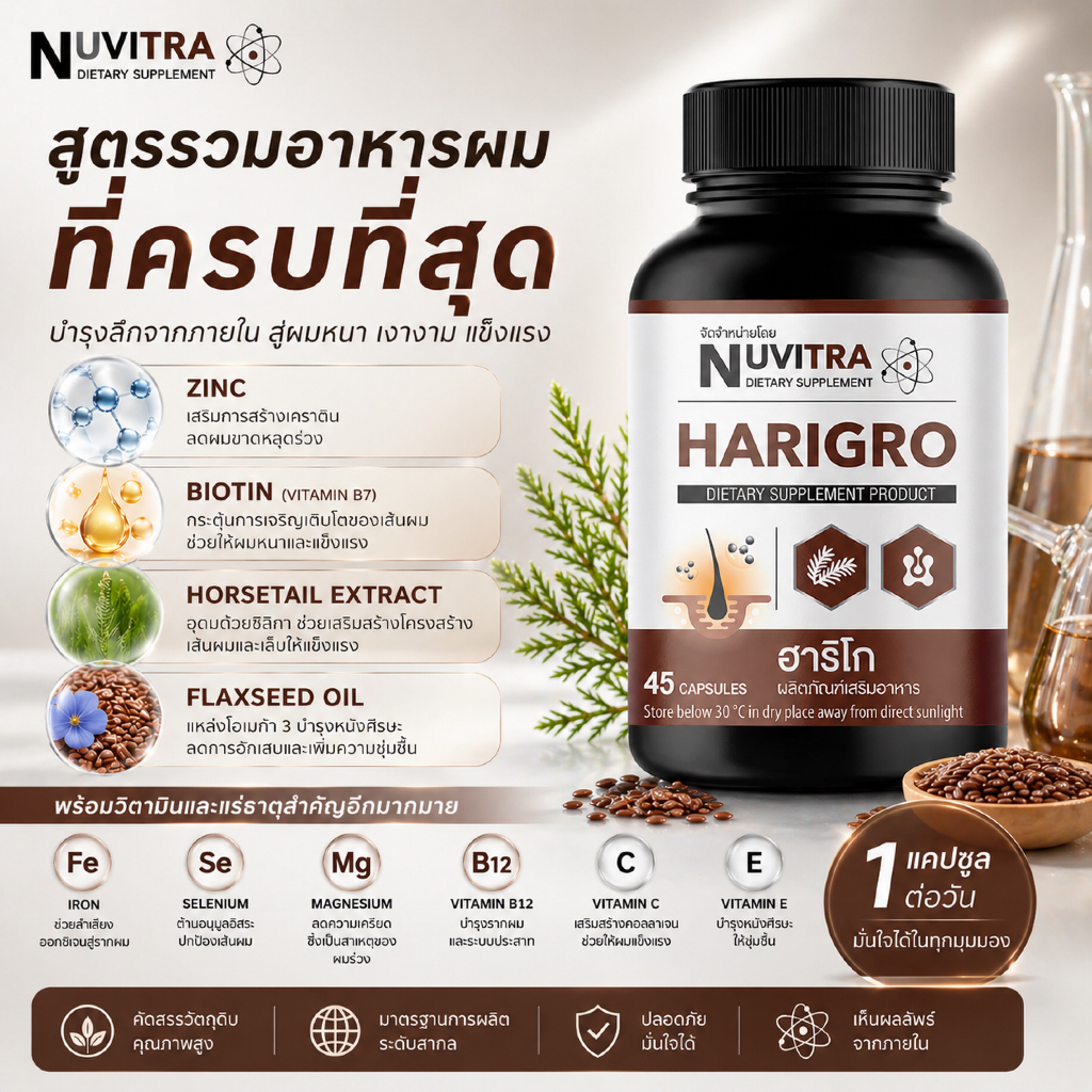 NUVITRA HARIGRO ฮาริโก ผลิตภัณฑ์เสริมอาหาร บำรุงผิว ผม และเล็บ 45 แคปซูล