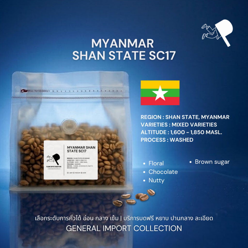 [เลือกระคั่วได้/บดฟรี] MYANMAR SHAN STATE SC17 เมล็ดกาแฟ อาราบิก้า 100% | PLAIN COFFEE ROASTERS