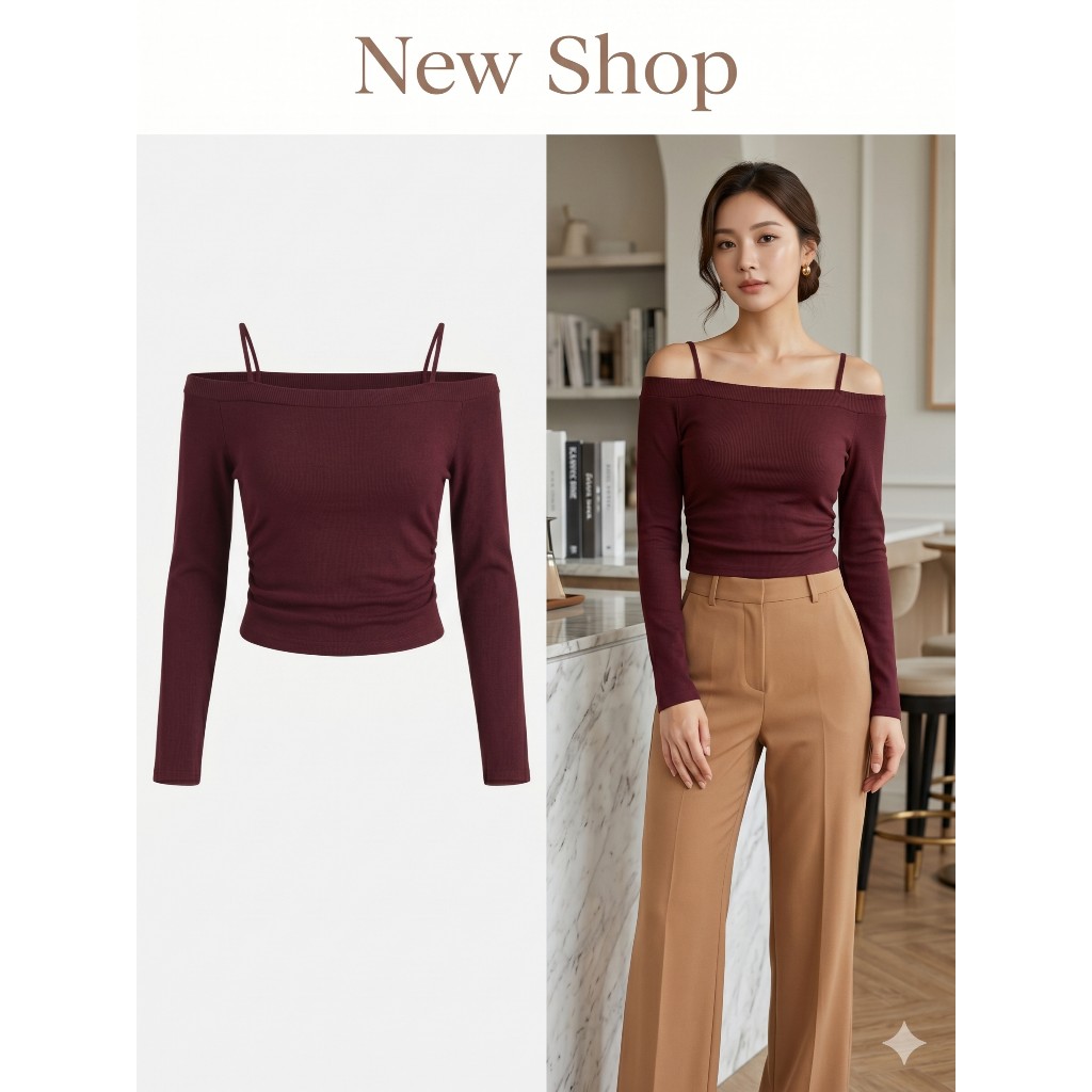 เสื้อครอปแขนยาว  เปิดไหล่+สายเดี่ยวด้านใน สีแดงไวน์  ผ้าคอตตอนผสมโพลีเอสเตอร์