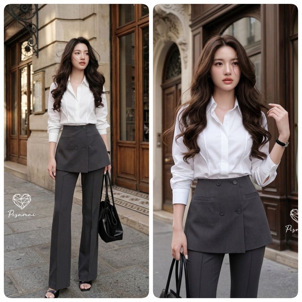 French Korea ชุดSetกางเกง ทรงสูทใส่ทำงาน สวยหรูลุค old money Pisamai ชุดSetเสื้อเชิ้ตสีขาวแขนยาว+กาง