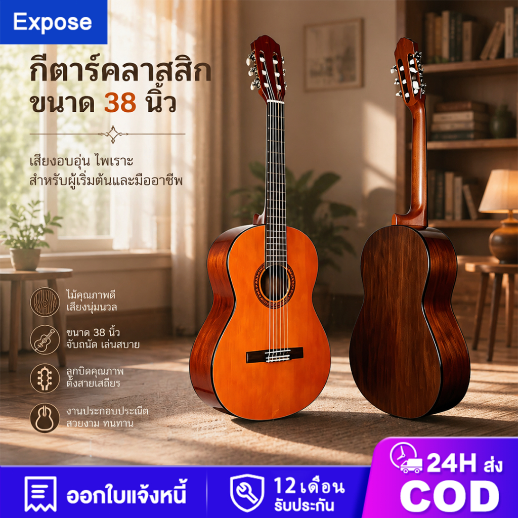 กีตาร์คลาสสิก 38 นิ้ว เสียงนุ่มนวลใส เหมาะเล่นเพลงไทยและเพลงสากล ทนทานใช้งานยาวนาน แถมฟรีกระเป๋