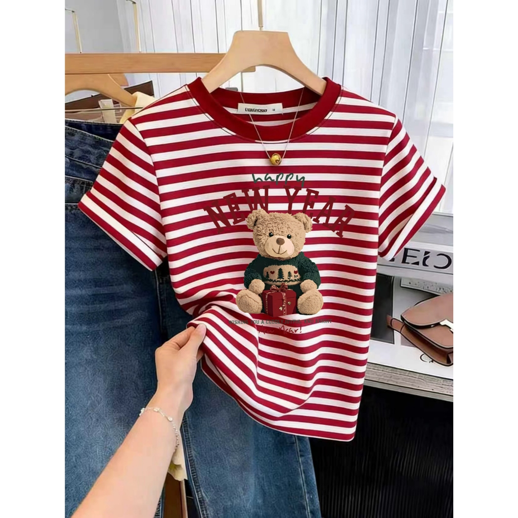 เสื้อยืดลายทางทรงหลวมสไตล์เกาหลี พิมพ์ลายหมีน่ารัก แฟชั่นเกาหลี มีไซส์ M-3XL สไตล์สตรีท จัดส่งจากประเทศไทย