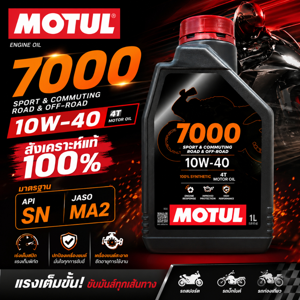 น้ำมันเครื่องรถมอเตอร์ไซค์  Motul โมตุล 7000 10W-40 สังเคราะห์แท้ โฉมใหม่ ของแท้100% [MOTUL7000]