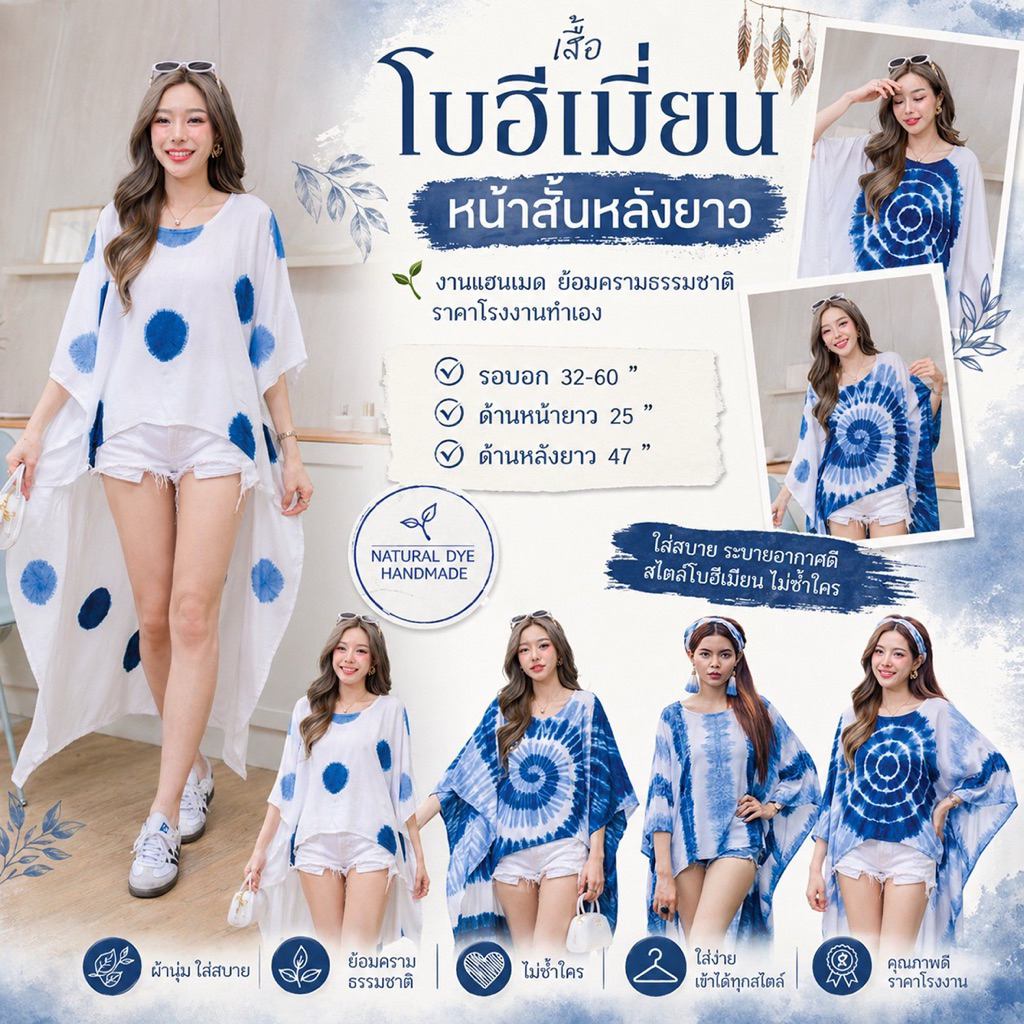 เสื้อโบฮีเมี่ยน หน้าสั้นหลังยาว มัดย้อมคราม มัดย้อมธรรมชาติ ไม่ร้อน