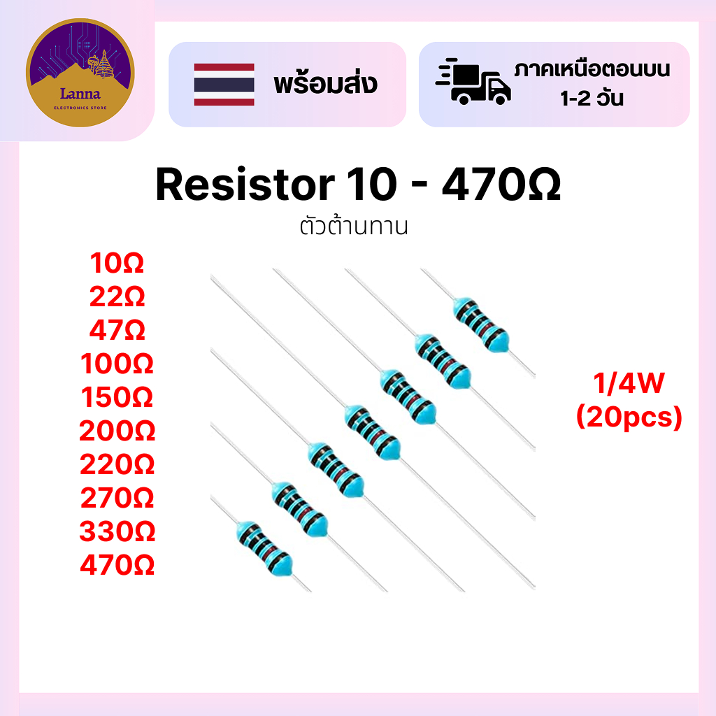 ตัวต้านทาน (R)  20ชิ้น ค่า 10 - 1M 1% ขนาด 1/4W resister