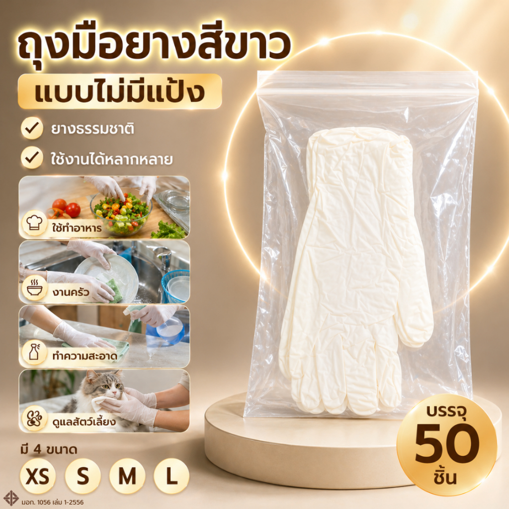 ถุงมือยางสีขาวของแท้  (เทียบเท่าถุงมือซาโตรี่) ไม่มีแป้ง ใส่ซองซิป 50 ชิ้น