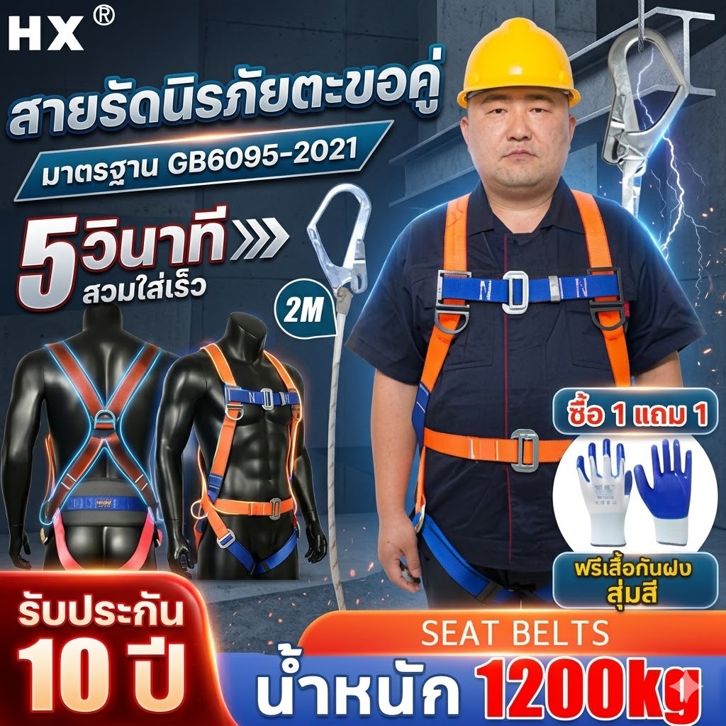 เข็มขัดเซฟตี้ น้ำหนัก 1200kg พร้อมเชือกเซฟตี้ ทำงานบนที่สูง ป้องกันความปลอดภัย เซตตี้ตะขอคู่ เซฟตี้เบลท์ เข็มขัดกันตก