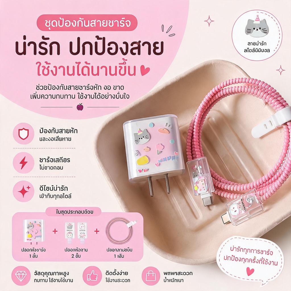 1setตัวป้องกันสายชาร์จ ตัวป้องกันสายเคเบิลเครื่องชาร์จเคสใสป้องกันการพับเก็บ รูปแบบที่หลากหลาย18/20W charger cable