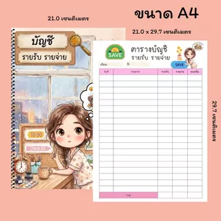 สมุดบันทึกรายรับรายจ่าย สีทั้งเล่ม ขนาด A4 เย็บสันเกลียว สุดคุ้ม 40 หน้า เพิ่มปกพลาสติก กันน้ำ กันรอย ช่องตารางเพิ่มขึ้น