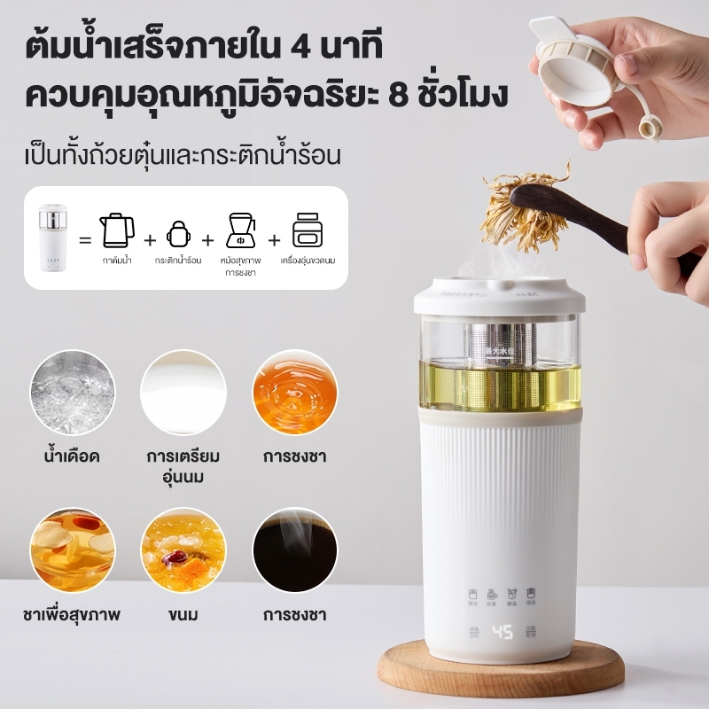 KAWU 500มล กาต้มน้ำไฟฟ้าแบบพกพา 304 สแตนเลสเกรดอาหาร อุ่นร้อนเร็ว ถ้วยร้อนอัจฉริยะสำหรับเดินทาง