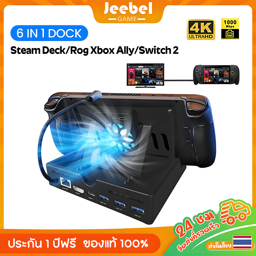 Rog Xbox Ally/Steam Deck/Switch 2 แท่นวางเชื่อมต่อ HDMI 6-in-1, ฮับ Gigabit Ethernet 4K@60Hz พร้อมพัดลมระบายความร้อน