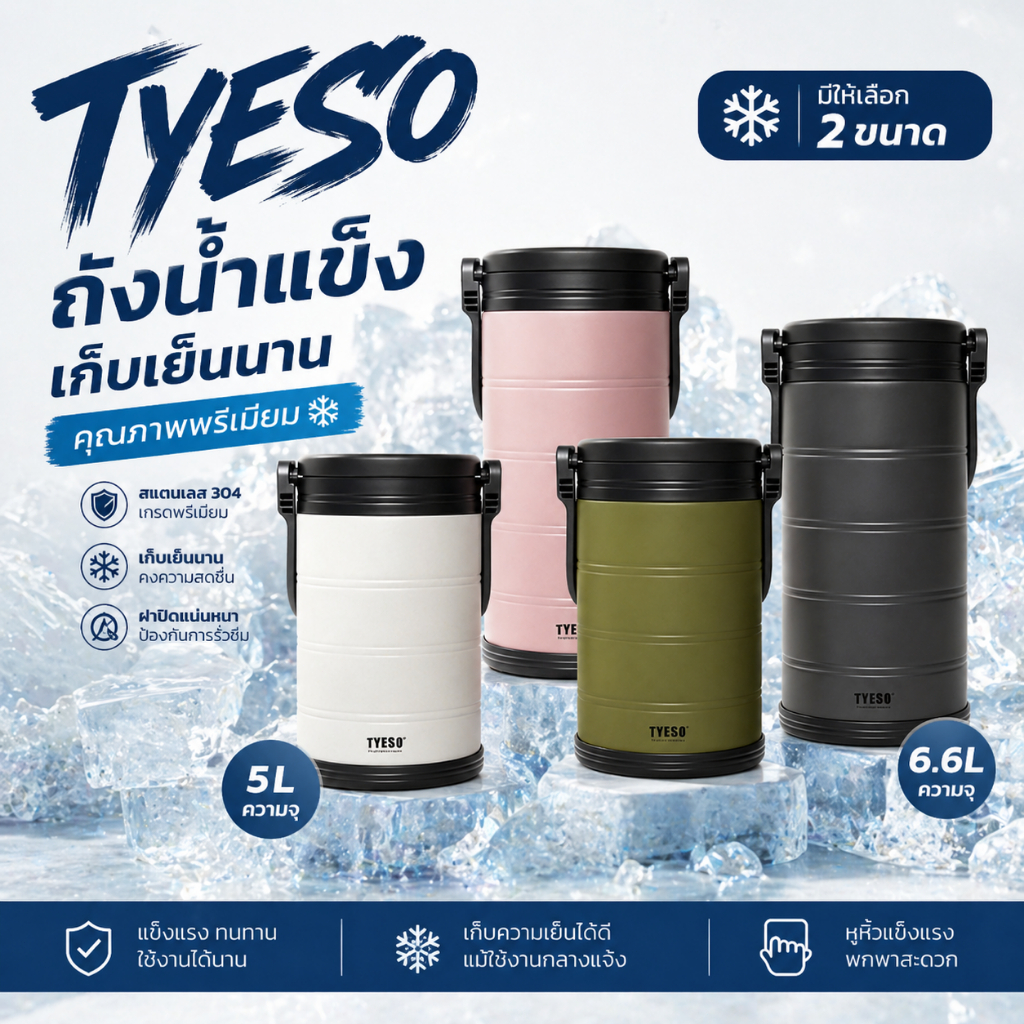 TYESO Taishuo ถังน้ำแข็งสแตนเลส 304 ขนาด 5L/6.6L เก็บความเย็นยาวนาน พกพาง่าย เหมาะใช้งานนอกบ้าน