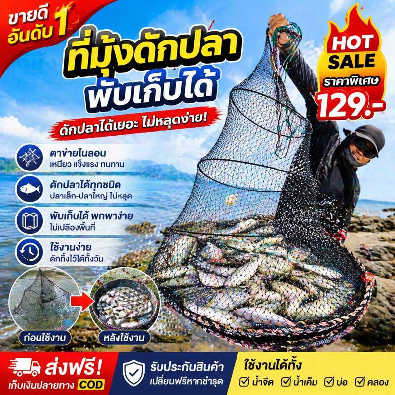 ตาข่ายดักปลา 2 ทาง 🎣 ดักปลาได้ทุกชนิด พับเก็บได้ แข็งแรง ไซส์ 30/40/50 cm ใช้งานง่าย ส่งฟรี เก็บเงินปลายทาง