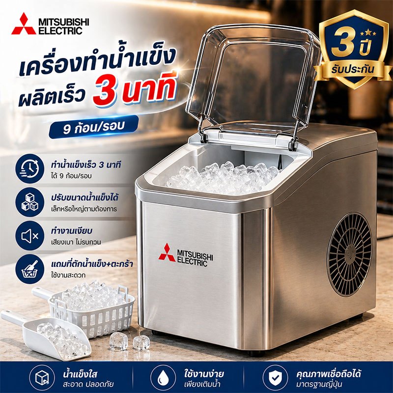 เครื่องทำน้ำแข็งอัตโนมัติ 9 ก้อน/รอบ ทำน้ำแข็งเร็ว 3min ปรับขนาดน้ำแข็งได้ รับประกัน 3 ปี แถมที่ตักน้ำแข็ง+ตะกร้า