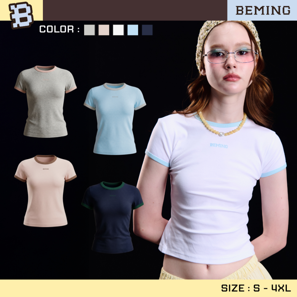 Bemingtop1162(S-4XL) - Lali Tee - เสื้อยืดคอกลมดีไซน์ตัดขอบดีเทลโลโก้ปัก BEMING ด้านหน้า