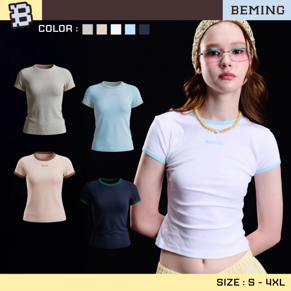 Bemingtop1162(S-4XL) - Lali Tee - เสื้อยืดคอกลมดีไซน์ตัดขอบดีเทลโลโก้ปัก BEMING ด้านหน้า