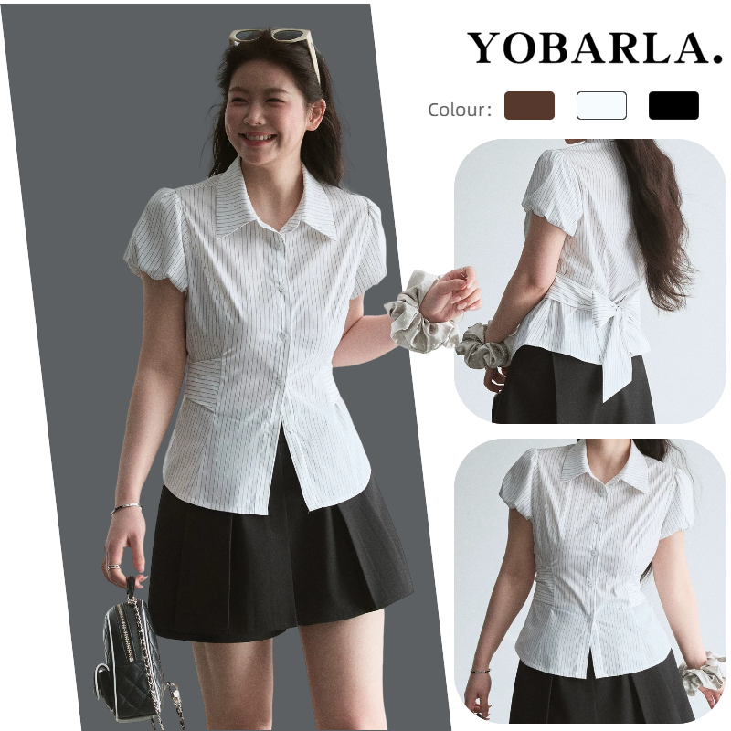 เสื้อเชิ้ตลายทางกระดุมแถวสำหรับสาวฮอต รัดเอว ทำให้ดูผอม พร้อมสายผูกรัด ดีไซน์เฉพาะตัว ปกปีก และแขนบอลลูน