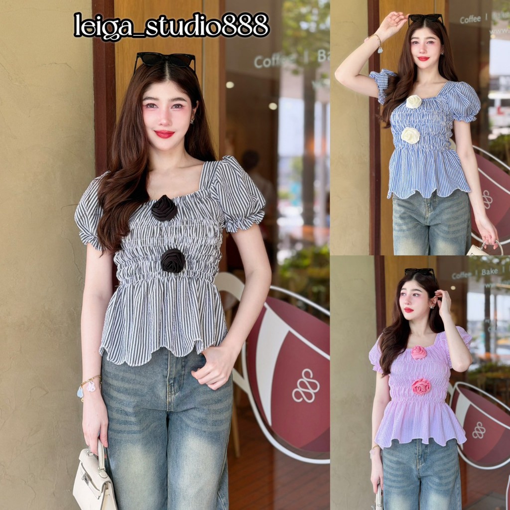 เสื้อแฟชั่น ผ้าอัดนูนลายริ้ว น่ารักๆ สม็อครอบตัว แขนตุ๊กตา แต่งดอก3D สายคาเฟ่ ใส่แมท  LG198