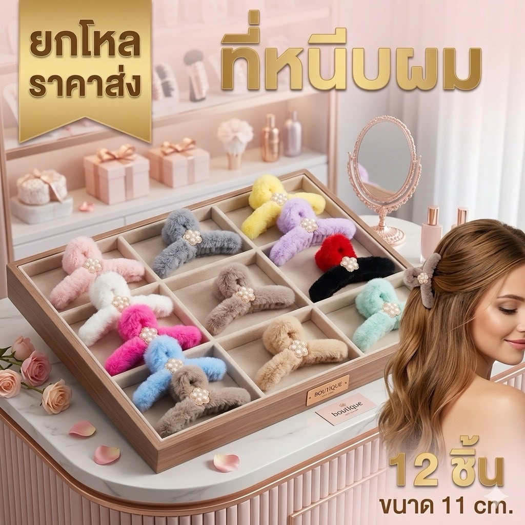 🌷ยกโหล 🌷ตัวหนีบผมขนปุย คละลาย 12 ชิ้น มีหลายแบบ หลายลาย มีราคาส่ง P002
