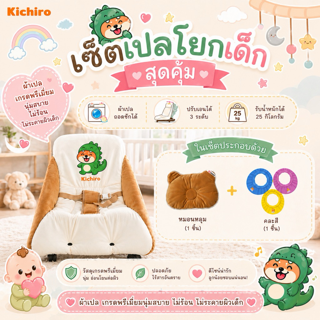 kichiro ชุดเช็ต3ชิ้น เปลโยกเด็กคิชิโระ+หมอนหลุม+หมวกอาบน้ำเด็ก รุ่นT-rex-Brownie ผ้าอย่างดี นุ่มสบายไม่ร้อน ไม่ระคายผิว
