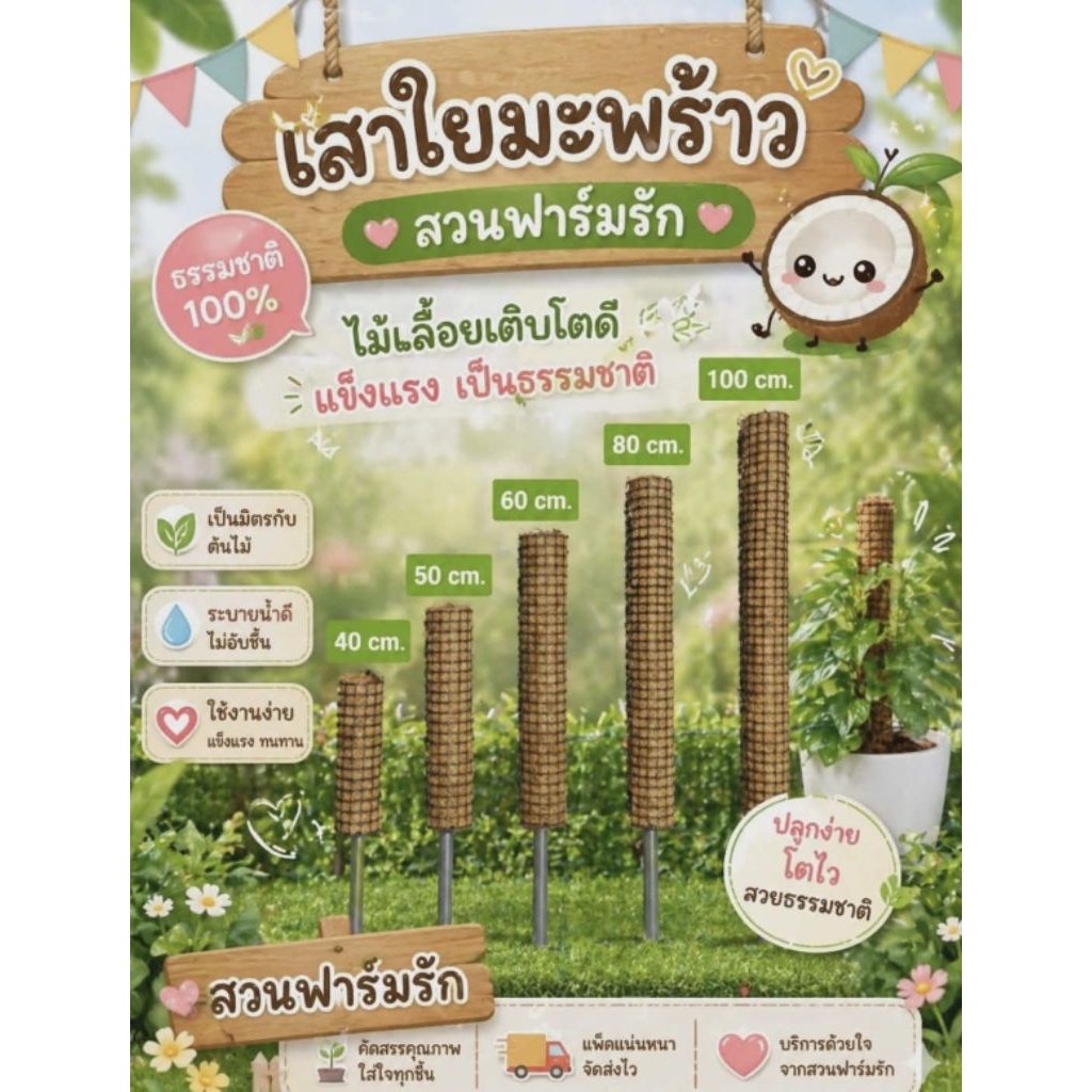 เซ็ทเสาไม้เลื้อยใยมะพร้าว 5 เสา ขนาด 40 50 60 80 100Cm. จ้าได้ครบขนาด