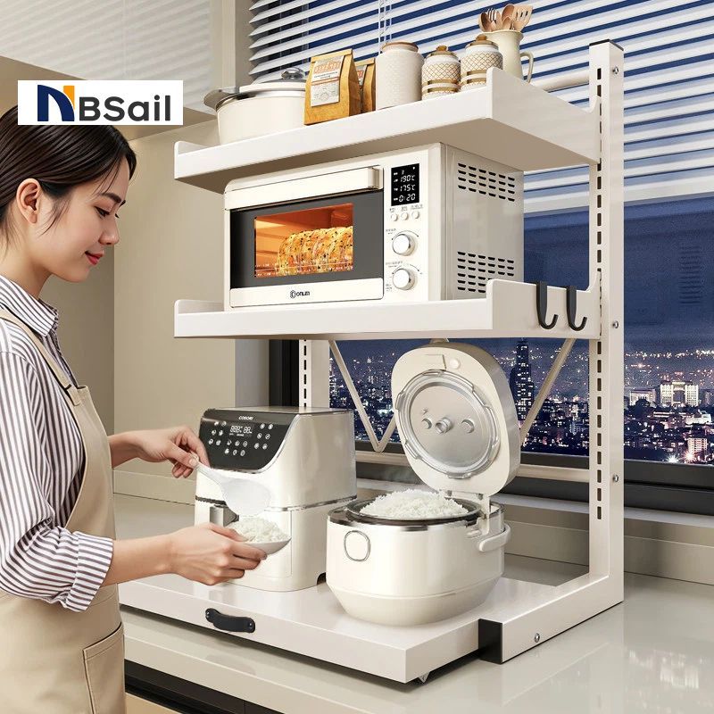 NBSail ชั้นวางไมโครเวฟแบบดึงออกได้ ปรับระดับความสูงได้ พร้อมล้อเลื่อนแบบเงียบ สำหรับจัดเก็บของในห้องครัว