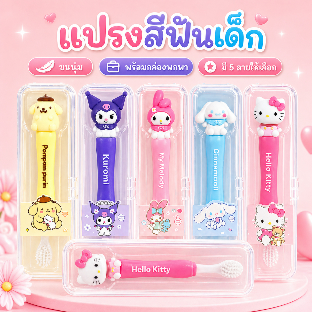 แปรงสีฟันเด็ก Sanrio ขนนุ่ม พร้อมกล่องพกพา ลาย Hello Kitty Kuromi My Melody Cinnamoroll น่ารัก สำหรับเด็ก