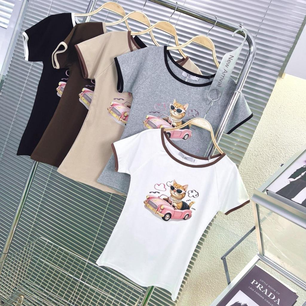 194-195 รุ่น Cool Cat (คลู-แคท ) เสื้อยืดคอปาดแต่งกุ้นคอ พิมพ์ลาย DFT  ผ้า(Cotton Super Soft)