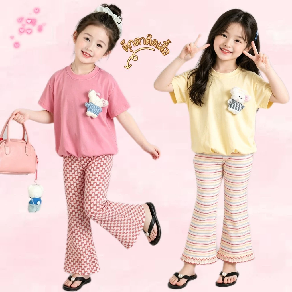 BB268 ชุดเด็กผู้หญิงสีหวาน เสื้อแขนสั้น + กางเกงลายพาสเทล สไตล์เกาหลี