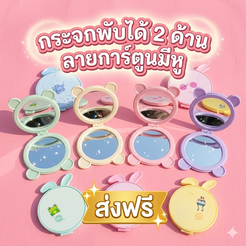 kingshopping (JZS212)(ร้านไทย) กระจกพับได้ 2 ด้าน ลายการ์ตูน มีหู คละลาย คละสี