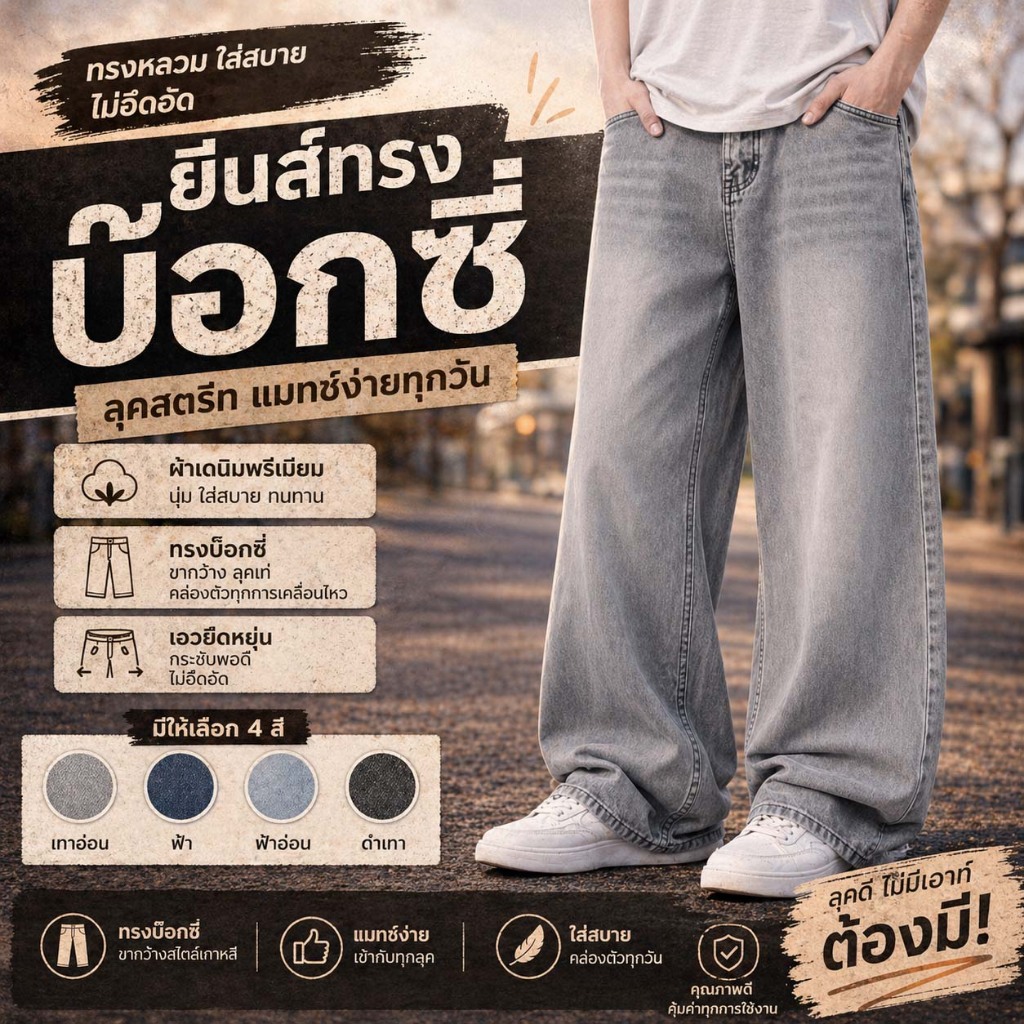 กางเกงยีนส์ผู้ชาย ทรงหลวม บ็อกซี่ สไตล์เกาหลี ใส่สบาย ระบายอากาศ ผ้านุ่ม เบา ไม่ร้อน เท่ทุกลุค แมทช์ง่าย แฟชั่นฮิต