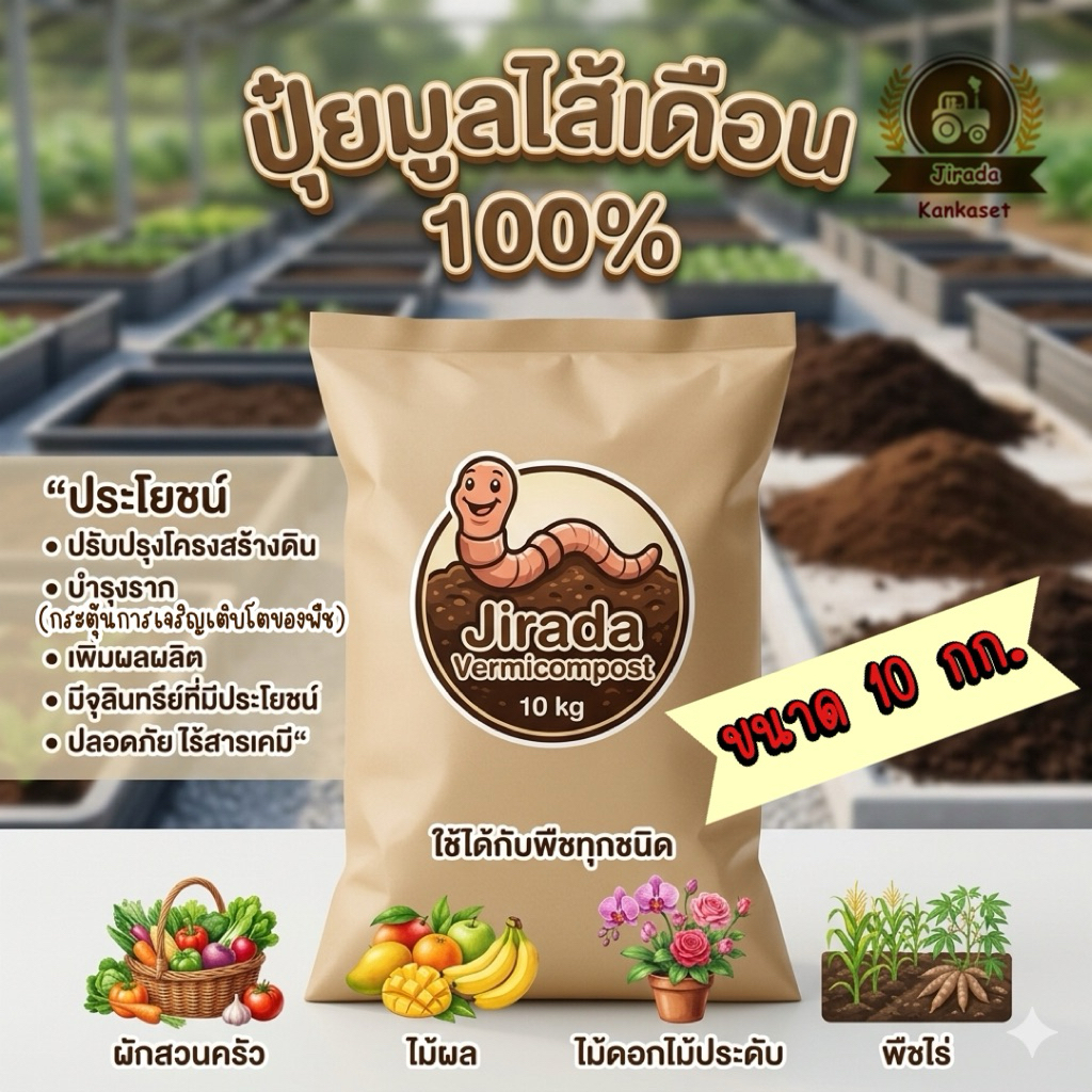 ปุ๋ยมูลไส้เดือน แท้100% ออร์แกนิค ปลอดสารเคมี ขนาด10กิโลกรัม