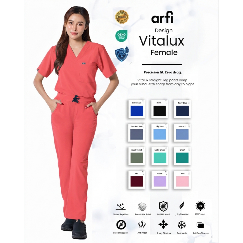 Arfi Scrub Vitalux Female Set ชุดสครับรุ่นขาตรงผู้หญิง ผ้าสะท้อนน้ำ ป้องกันแบคทีเรีย ยับยาก ผ้ายืด 4