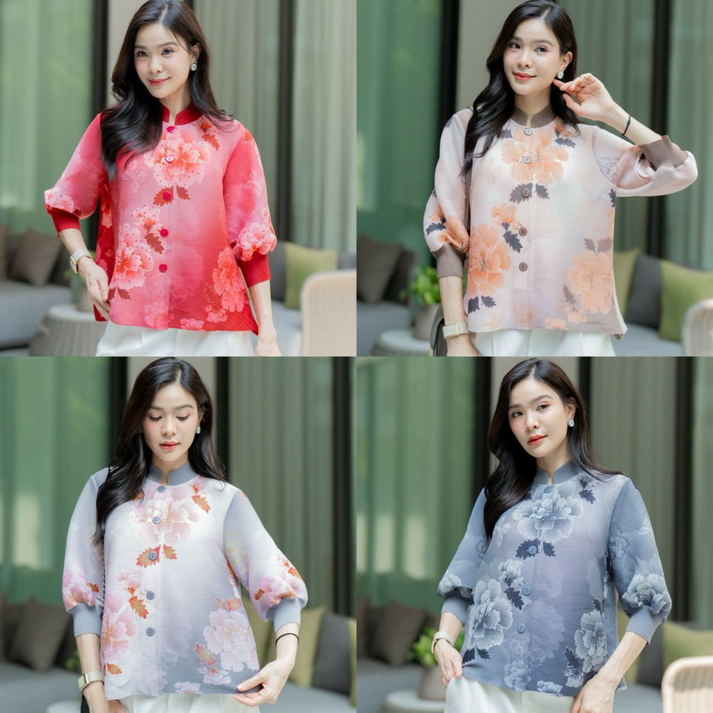 เสื้ออัดพลีทเนื้อดีคอจีนแขนสามส่วนสีสวยลายชัดผ้าดีใส่สบายไซค์ใหญ่ค่ะ