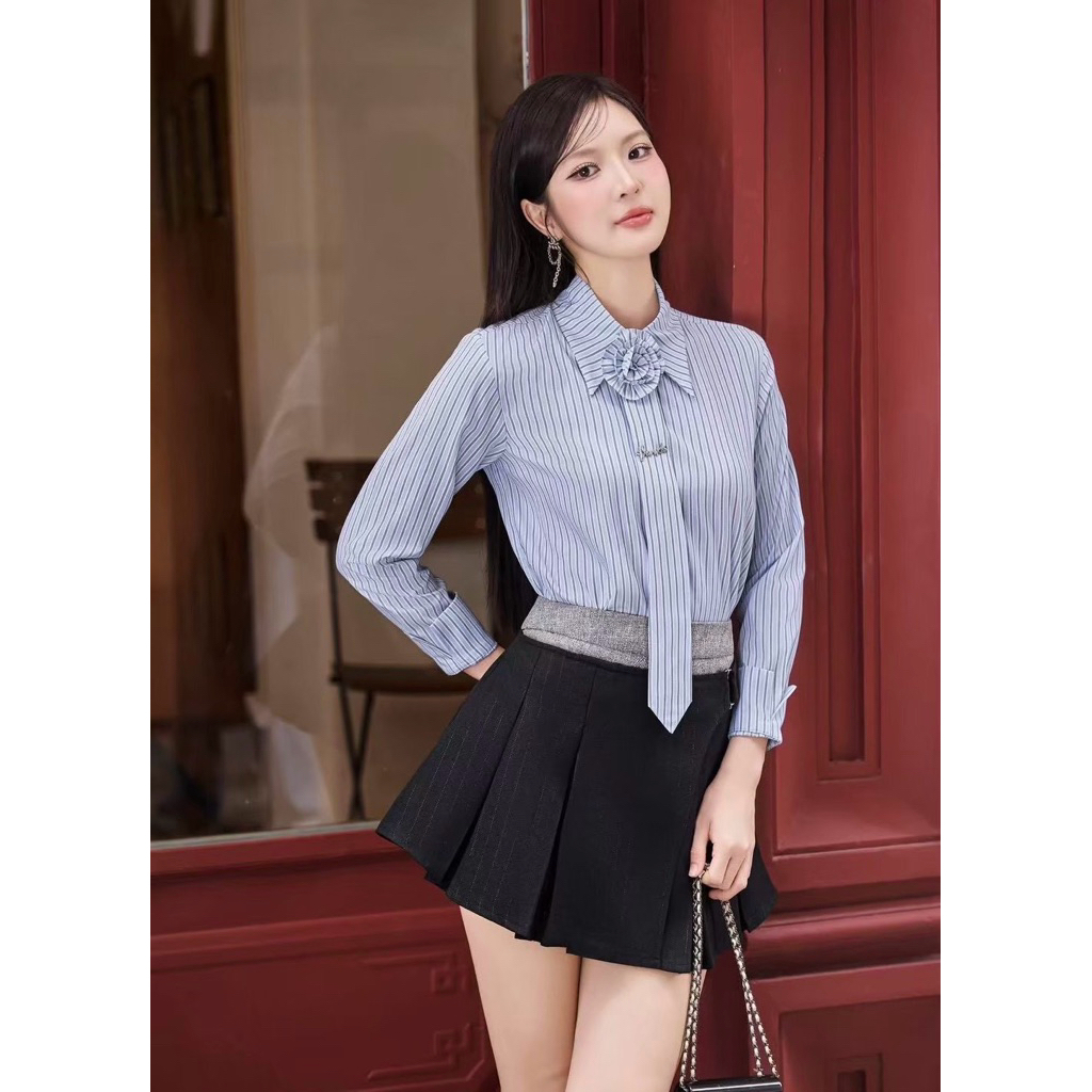 🌟ชุดเซต เสื้อเชิ้ตโทนสีฟ้าลายริ้ว + +กระโปรงสีดำลายริ้ว 9108-3630 (rami)🌟