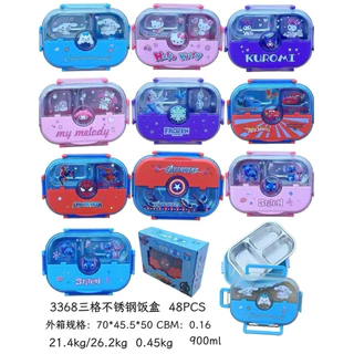 กล่องข้าวนักเรียนแบบ3ช่องพร้อมช้อนสแตนเลสพร้อมกล่องลายการ์ตูนน่ารักขนาดพกพา
