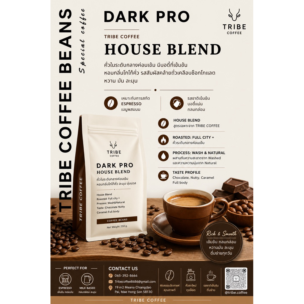 เมล็ดกาแฟคั่วเข้ม Arabica 100% เกรดพรีเมียม กลางค่อนเข้ม Full City+ Roast