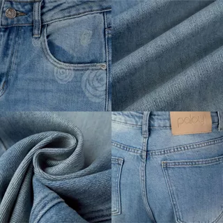 Paloy - PL6313 Camellia Jeans กางเกงยีนส์ขายาว ทรงกระบอก พิมพ์ลายดอกคาร์มิเลีย ผ้ายืดใส่สบาย (Camellia Days)