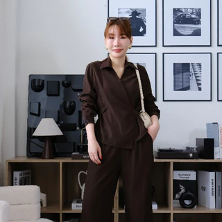 Lawyer Store | [5521629] [5521629-1] (ขายแยกชิ้น) ชุดเซ็ท เสื้อคอปกอกไขว้ ผูกเอว แขนยาว กางเกงเอวสม็อค ขายาว ผ้าใส่สบาย