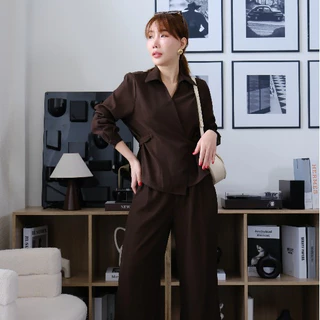 Lawyer Store | [5521629] [5521629-1] (ขายแยกชิ้น) ชุดเซ็ท เสื้อคอปกอกไขว้ ผูกเอว แขนยาว กางเกงเอวสม็อค ขายาว ผ้าใส่สบาย