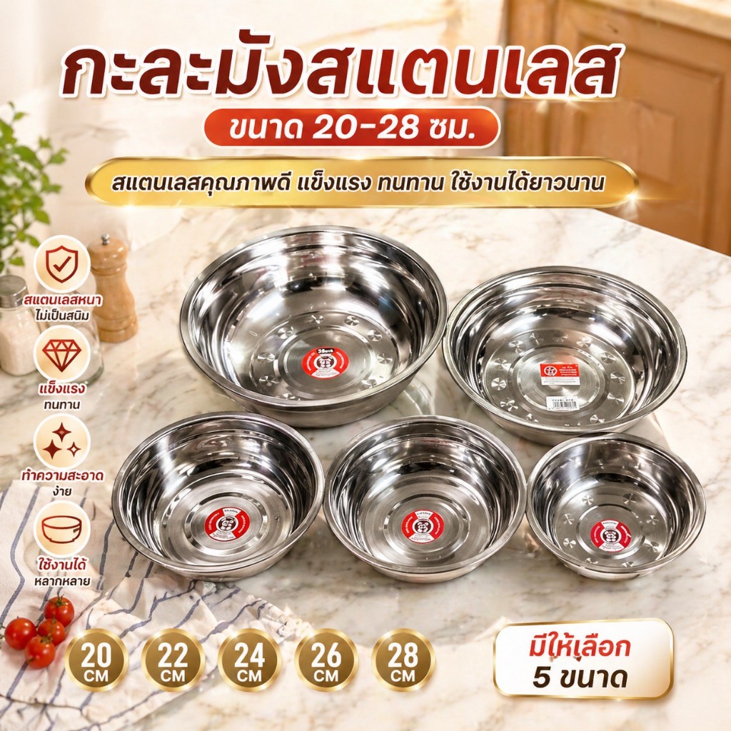 กะละมังสแตนเลส มี5ขนาด 20 ซม. 22 ซม. 24 ซม. 26 ซม. 28 ซม. สแตนเลสเกรดดี ทนทาน ไม่เป็นสนิม