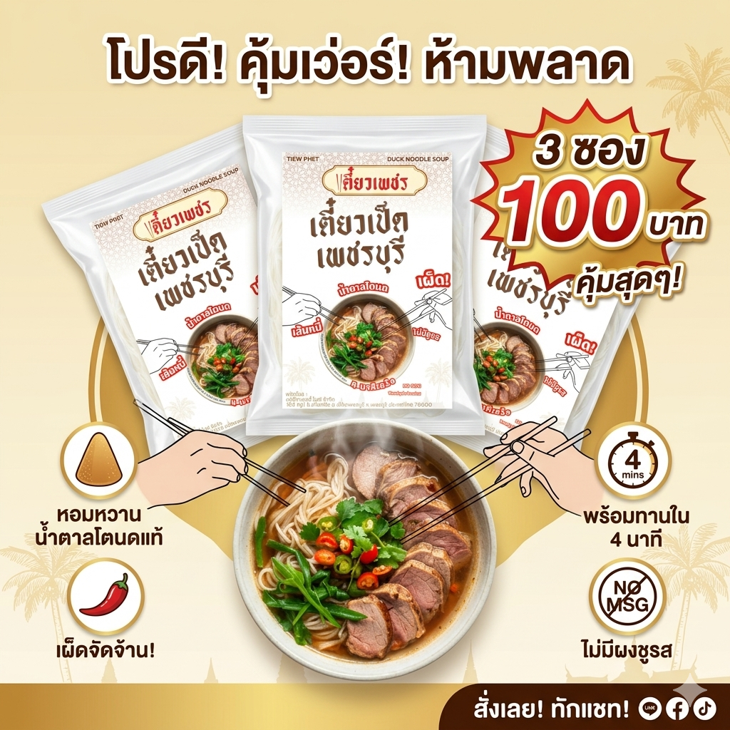 เตี๋ยวเพชร ก๋วยเตี๋ยวเป็ด เส้นหมี่ พร้อมปรุง แพค 3 ซอง