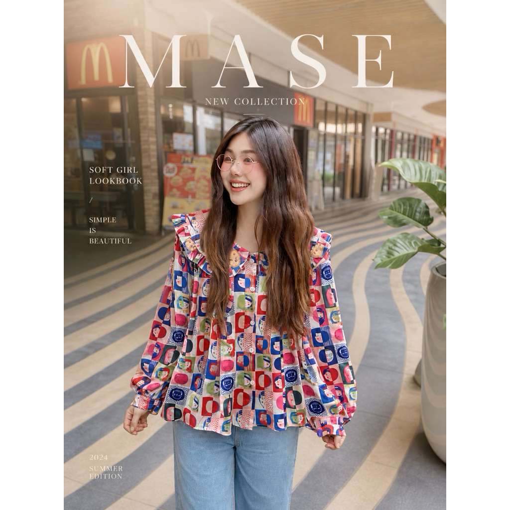 เสื้อทรงโอเวอร์ไซซ์ ดีไซน์คอปกใหญ่แต่งลายตุ๊กตาน่ารัก อก49“-54” – โปรปัง